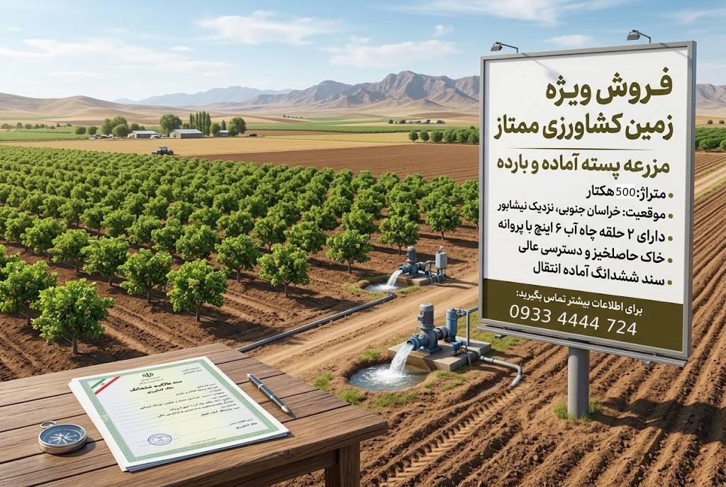 فروش زمین کشاورزی ۵۰۰ هکتاری در نیشابور با سند تک برگ و چاه آب